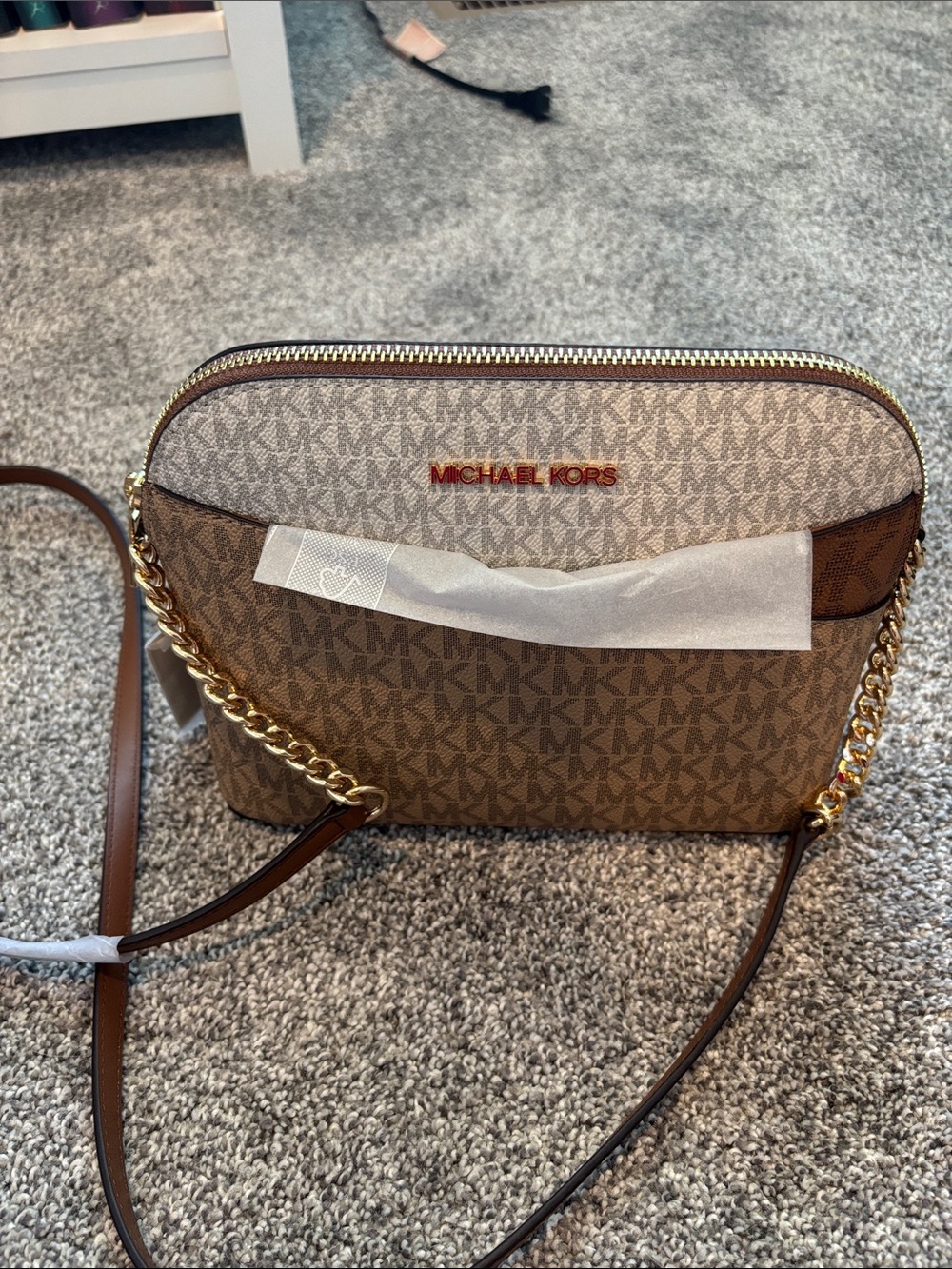 Michael Kors Tan and Brown Monogram Crossbody with Gold Hardware